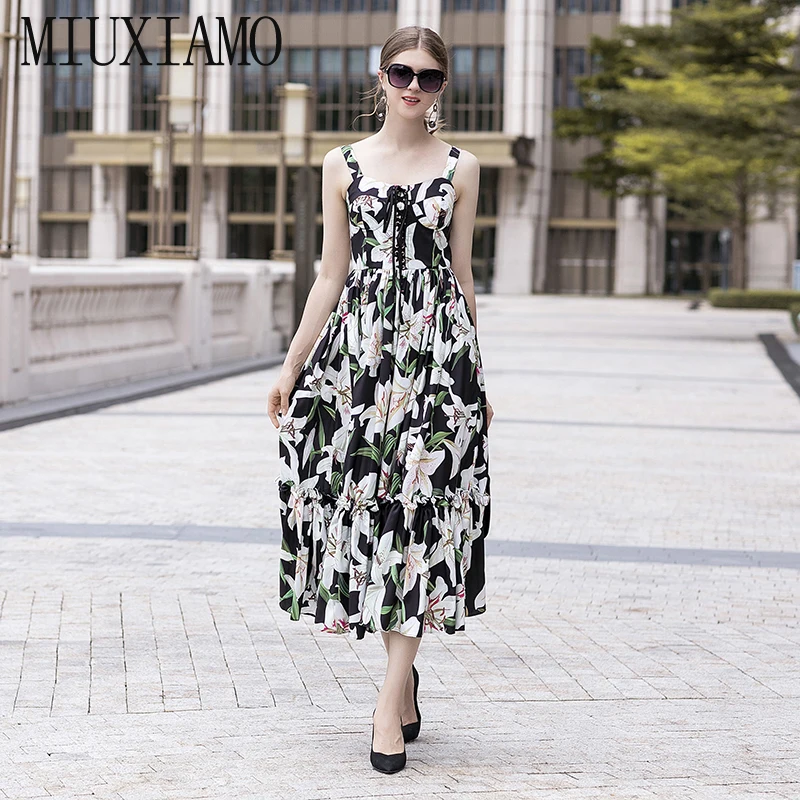 

MIUXIMAO Top Quality 2019 Newest Fall Casual Dress Fashion Sleeveless Lily Flower Print Eleghant Long Dress Women vestidos