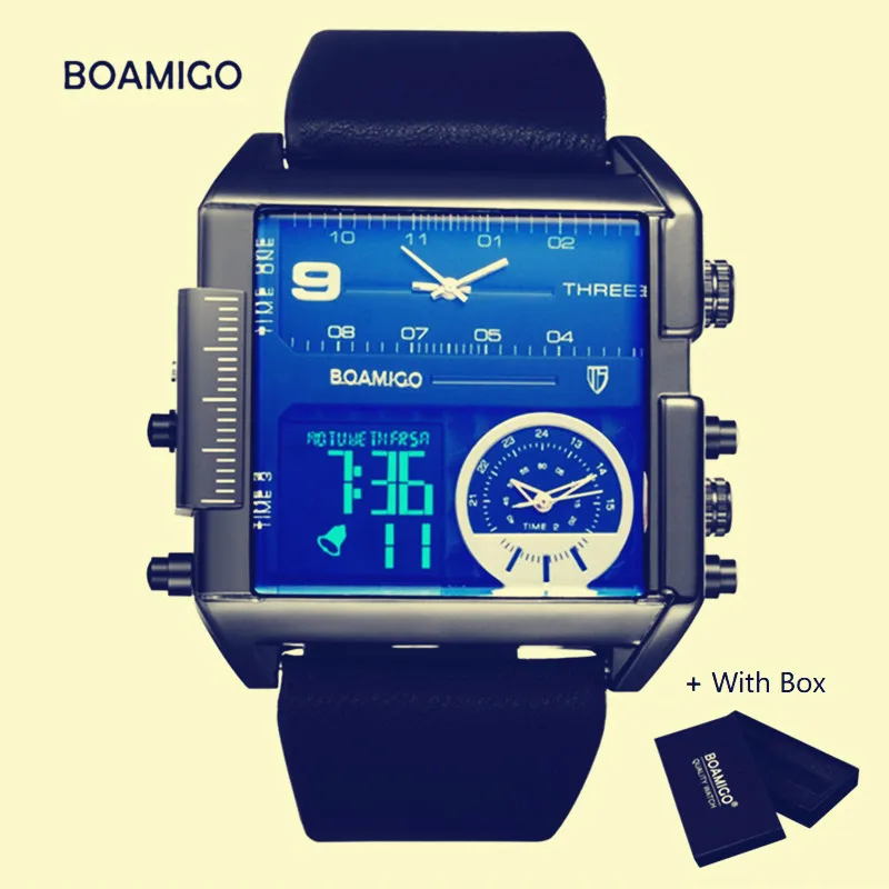 

Brand BOAMIGO Quartz Watch Men Luxury 3 Time Zones Sport Men's Watches Leather Square reloj Mens Wristwatch relogio masculino