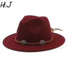 Женская и Мужская шерстяная шляпа Fedora с кожаная лента джентльмен элегантный леди гибкий колпак широкий джазования с полями церкви Панама сомбреро