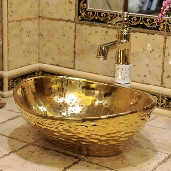 

Above counter basin oval washbasin ingot washbasin ceramic European color golden basin wash basin art bow LO6181038