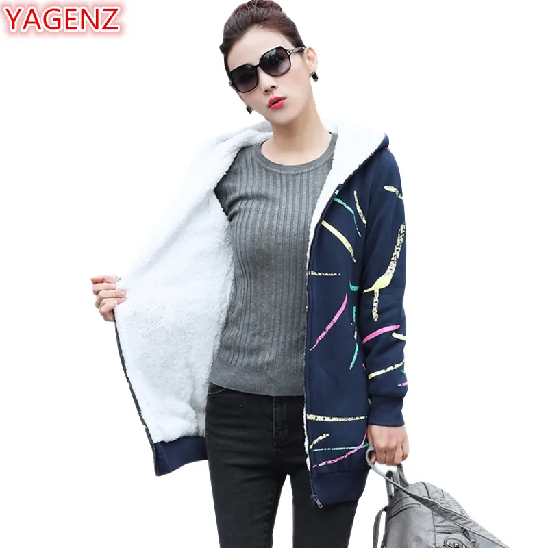 

YAGENZ Women Hoodies Sweatshirts Autumn Winter Plus size Womens Hooded Tops Long Coat High quality Fashion Black Warm Coat 727