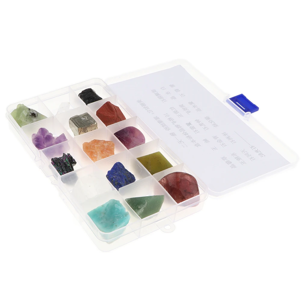 15pcs/ Box Educational Geology Science Kit Rock and Mineral Collection Gemstones Quartz / Jade Tektite Specimens in Display Case