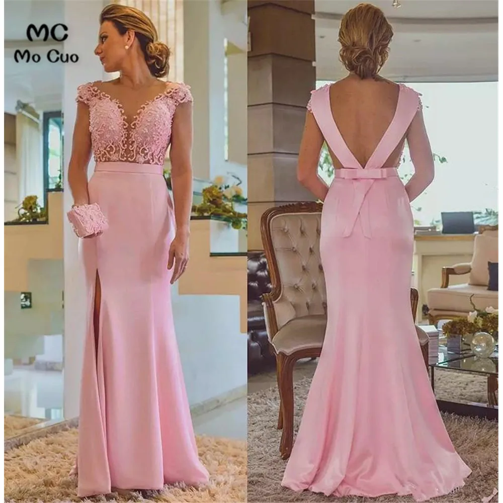 2018 Pink Split Evening Dresses Cap Sleeves Sheer V Neck V Cut Backless Party Dresses Evening Wear Mother Celebrity Gowns with Sash