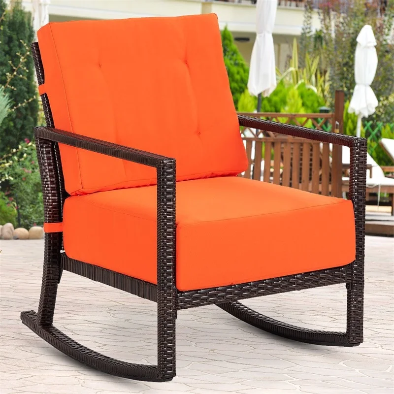 Patio Rattan Rocking Chair Rocker Armchair With Cushions Orange Patio Rattan Rocking Chair Rocker