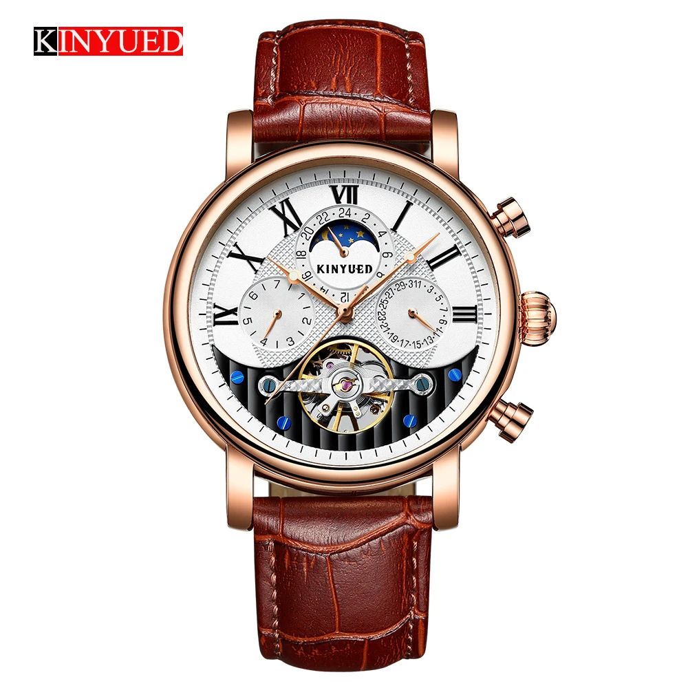 

KINYUED Moon Phase Skeleton Watch Mens Classic Perpetual Calendar Tourbillon Mechanical Watches Automatic Mens erkek kol saati