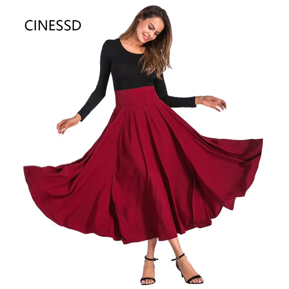 

CINESSD Women Maxi Skirt High Waist A-Line Swing Office Lady Summer Autumn Fashion Solid Casual Party Bowknot Pleat Long Skirt