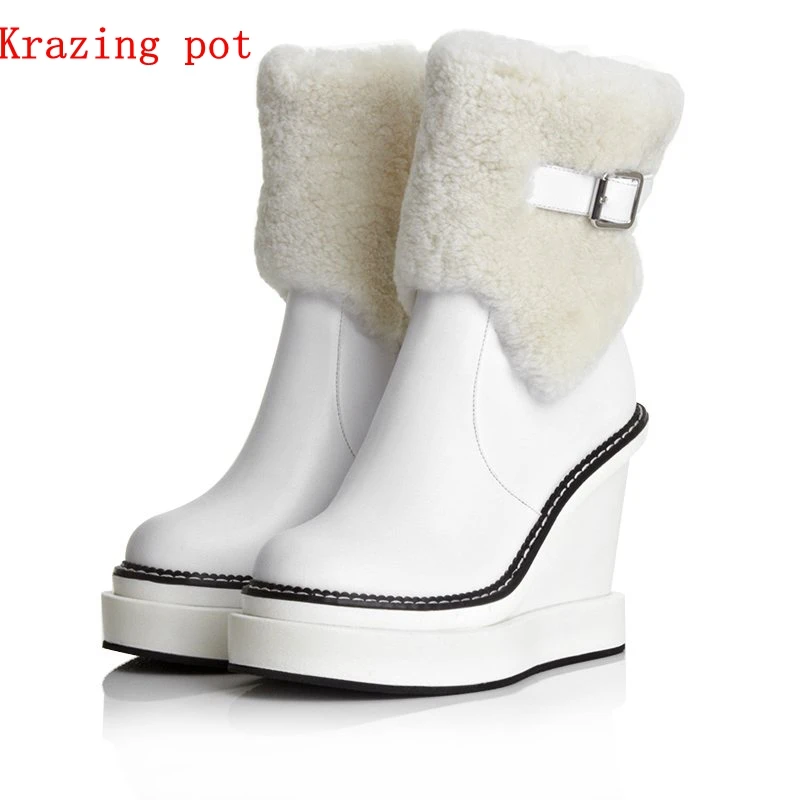 

Genuine leather high heel wedges round toe preppy style keep warm platform real fur long leg fashion increased riding boots L3f1