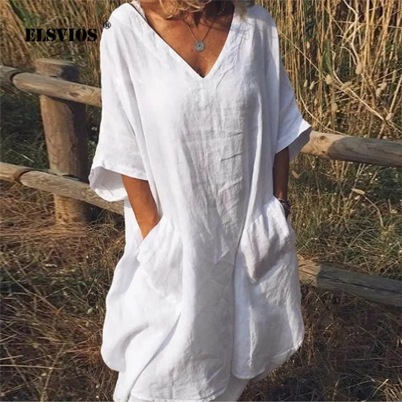 

ELSVIOS Plus Size New Cotton Summer Dress Women Sexy V Neck half Sleeve Pocket Dresses Ladies 2019 Casual Solid Loose Dress 5XL