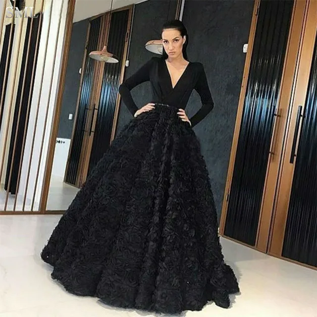 SML Fancy Deep V Neck Black  Evening  Dress  Long Sleeve 2019 