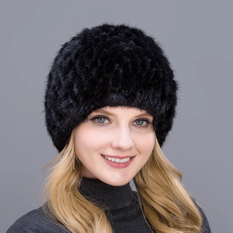 Лидер продаж, стильная теплая шапка из натурального меха норки, женская зимняя вязаная шапка из меха норки в форме ананаса, высокое качество, но низкая цена, меховая шапка - Цвет: 001
