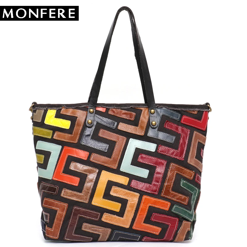 

SC Women Shoulder Bags Large Female Leather&Canvas Geometric Colorful Patchwork Tote Bag Casual Vintage Style Messenger Bag