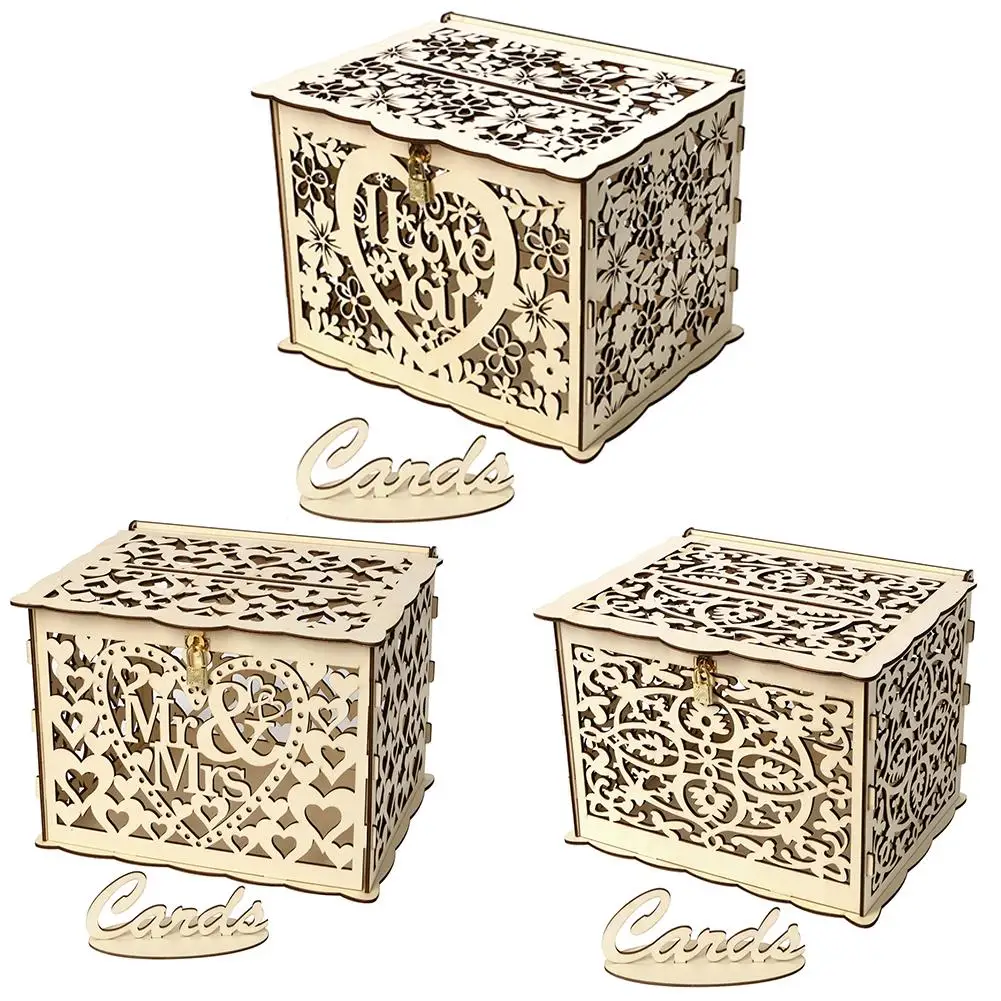 

1 Pcs DIY Wooden Card Box Hollow Design With Lock Plywood Material For Wedding Anniversaries Business Party Decoration Supplies