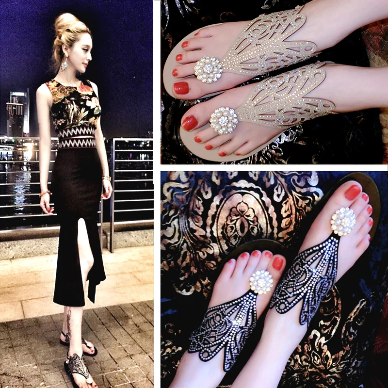 Летние модные блестящие женские босоножки черного цвета со стразами; вьетнамки на плоской подошве со стразами; женские тонкие туфли; вечерние пляжные туфли