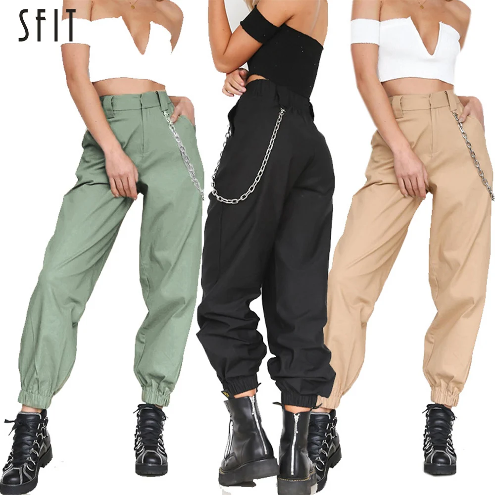 

SFIT 2019 New Fashion Women High Waist Hip-Pop Combat Cargo Harem Pants Leggings Trouser Solid Long Daily Casual Pants No Chain