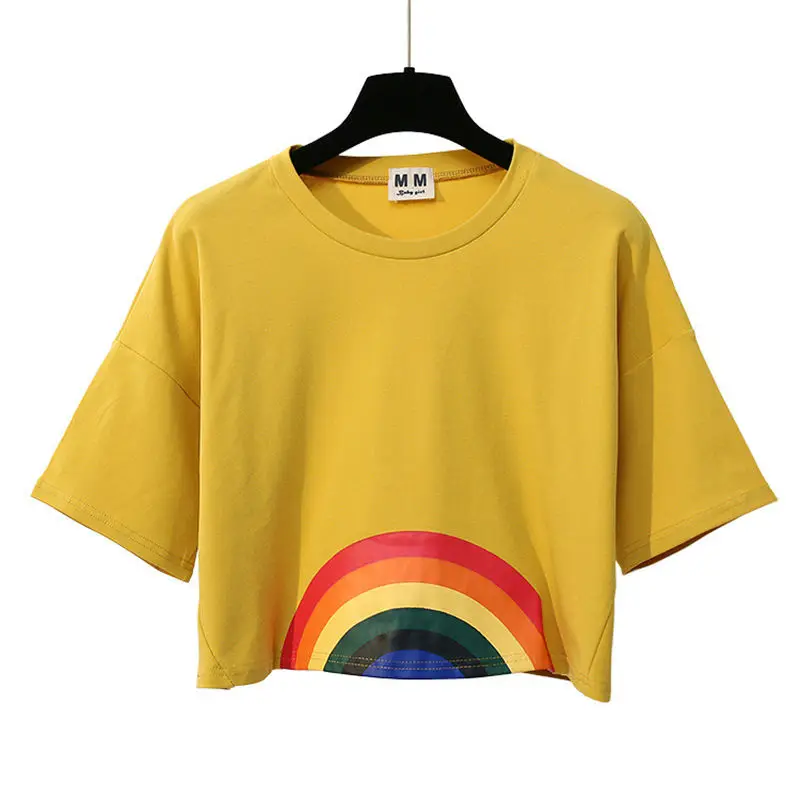 

Women T-Shirts 2018 summer Harajuku Women T-shirt Kawaii Rainbow Print Crop tops Tees Cute Cotton Top Short Sleeve T-Shirts
