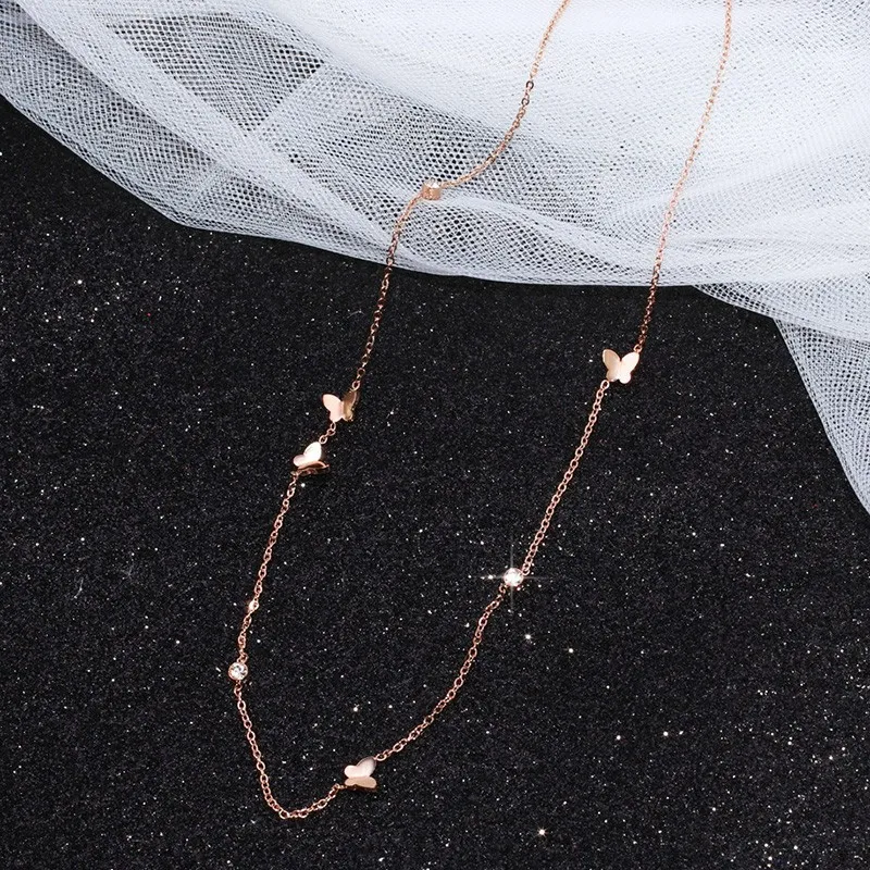 

2018 New Arrival Rose Gold Color Fashion Crystal Butterfly Chain Necklace Titanium Steel Jewelry Woman Gift Never Fade