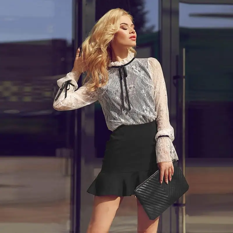 

Stand Neck Lace Patchworl Blouse Women 2019 Autumn Elegant Long Sleeve Shirts OL Work Office Ladies White Tops Blouses Femme