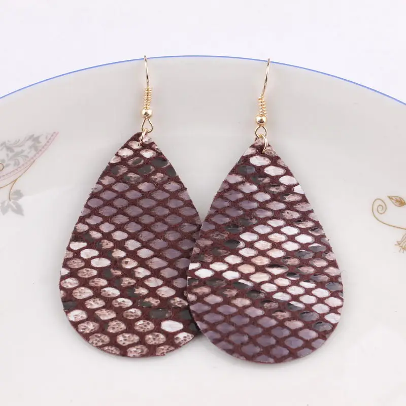 

ZWPON 2019 New Burgundy Imitated Snakeskin Leather Earrings for Women Trendy BOHO Leather Teardrop Earrings Jewelry Wholesale
