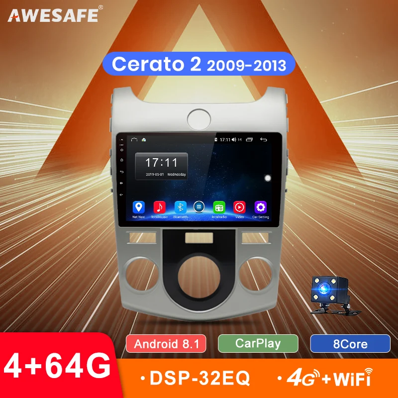 

AWESAFE Android 8.1 9'' 4G+64G CarPlay DSP Car Radio Multimedia Stereo Audio Player GPS 2 Din For KIA Cerato 2 2008-2013 no DVD