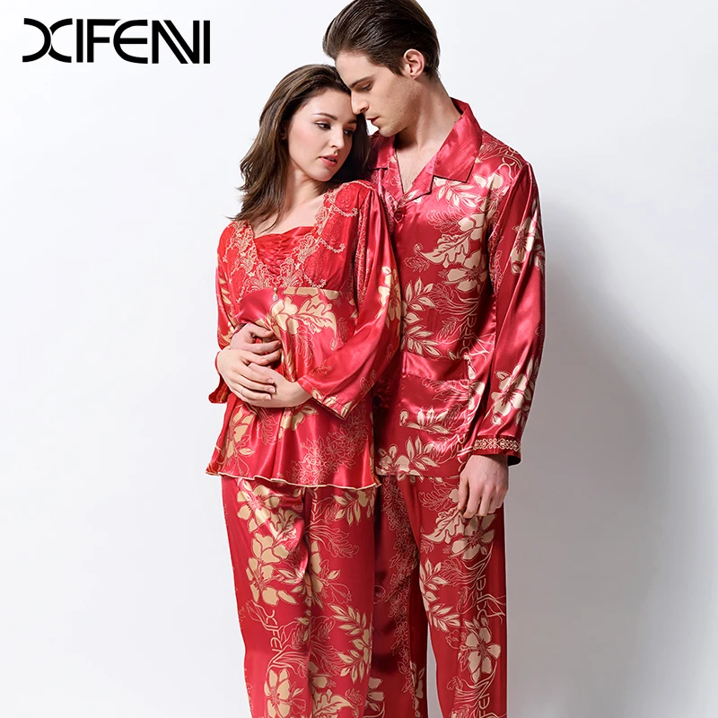 Xifenni любителей пижамы эмуляции шелк пижама Наборы для ухода за кожей с модным принтом атласные шелковые пижамы Для мужчин Pijama Для женщин
