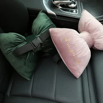 

Summer Soft Velvet Bow Car Headrest Neck Pillow Plush Sofa Throw Pillow Cushion Office Waist Pillow Detachable Washable