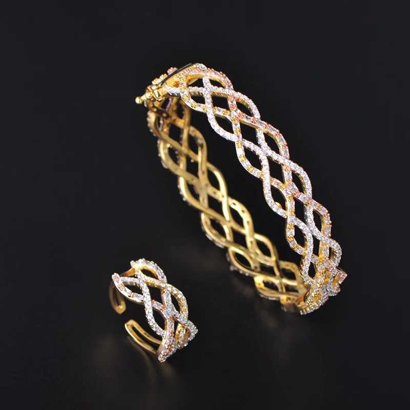 Dazz Luxury Wedding Jewelry Set Geometric Shape Zircon Tricolor Copper Saudi Bride Party Women's Ring Bangle Accessories | Украшения и