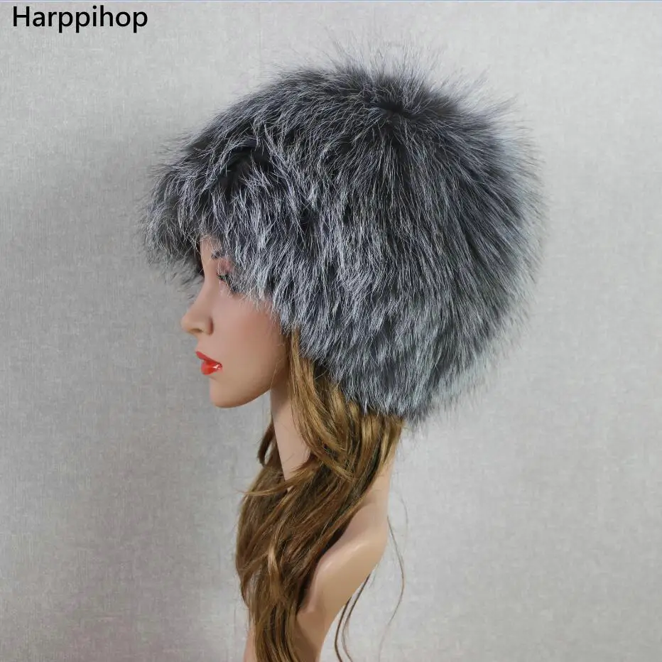 Женская зимняя меховая шапка HARPPIHOP из натурального меха лисы, вязаные шапки из меха лисы, женские русские кепки «Бомер» - Цвет: Серый