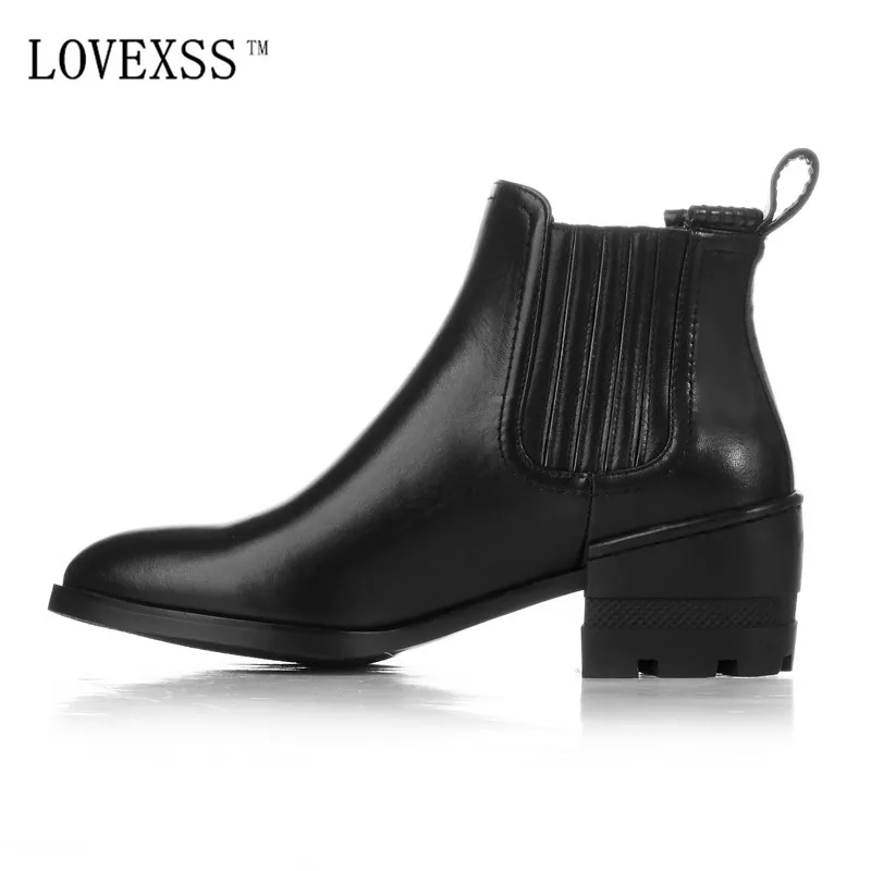 

LOVEXSS Genuine Leather Chelsea Boots Fashion Thick With Slip-On Pointed Toe Woman Ankle Boots Black High Quality Autumn Shoes