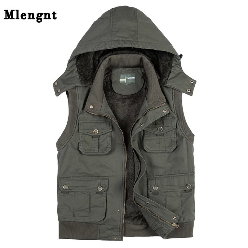 

Fleece Hoodie Multi Pocket Men Vest For Winter Autun Male Thick Warm Parka Travel Khaki Sleeveless Waistcoat With Many Pockets