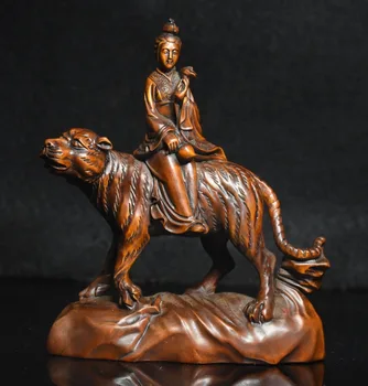 

wedding decoration 5" Chinese Folk collect Boxwood wood exquisite sit leopard woman statue