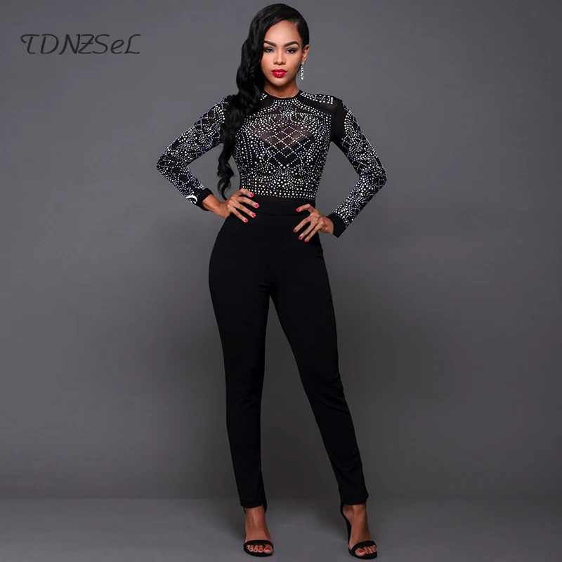 sexy rompers women jumpsuit diamond embellished rhinestone long sleeve