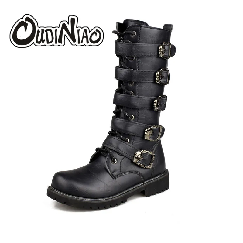 US $38.89 40% OFF|OUDINIAO Armee Stiefel Männer Hohe Militär Kampf Stiefel Metall Schnalle Punk Mittlere Waden Männlichen Motorrad Stiefel Lace Up Britische Armee Kampfstiefel