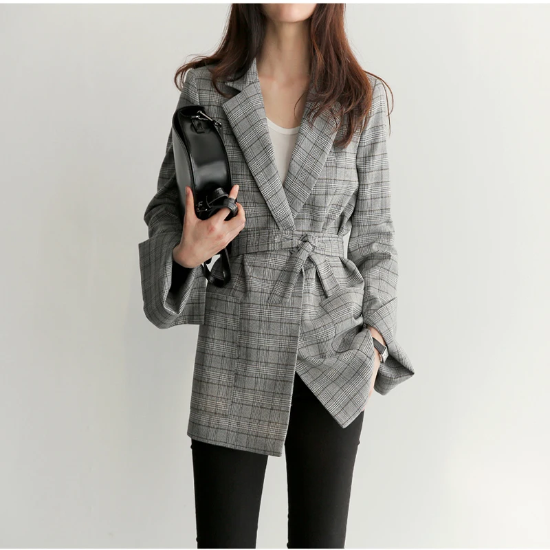 price cut  RUGOD Women Plaid Coat and Jackets Suit Femme Long Sleeve Office Ladies Wear with Belt Female Jacke