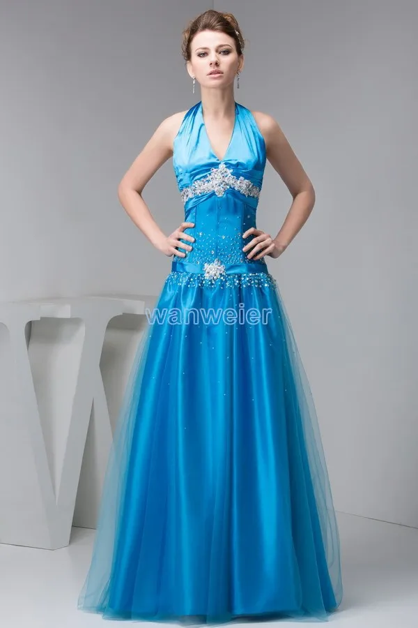 

free shipping 2014 new design gown brides maid hot sale blue appliques beading beach halter Custom size/color evening dresses