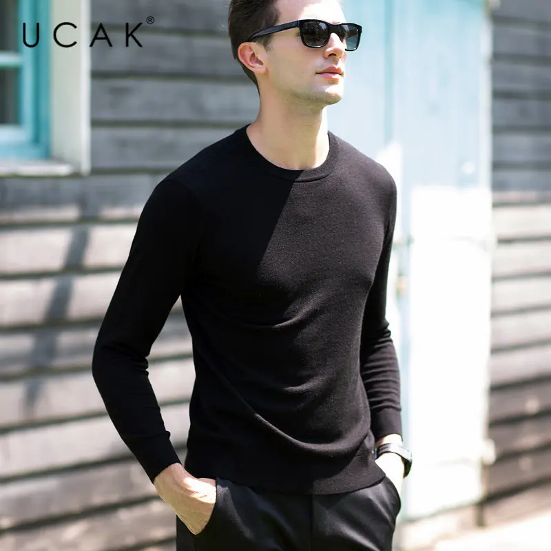 

UCAK Brand Sweater Men Classic Casual O-Neck Pull Homme Pure Merino Wool Pullover Men Autumn Winter Soft Cashmere Sweaters U3006