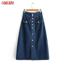 Tangada винтажная юбка джинсовая юбка синяя джинсовая юбка миди юбка до середины икры юбка трапеция из денима юбка на пуговицах юбка ниже колена юбка с высокой талией BC12
