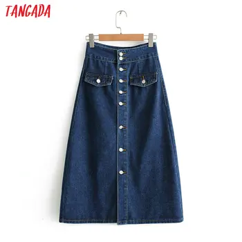 

Tangada autumn 2019 women vintage denim skirt blue buttons pocket retro high waist straight mid calf skirts faldas mujer BC12