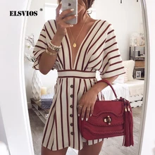 VIEUNSTA женское Полосатое винтажное платье с пуговицами, сексуальное летнее платье с глубоким v-образным вырезом и рукавом летучая мышь, повседневное мини-платье на шнуровке с открытой спиной