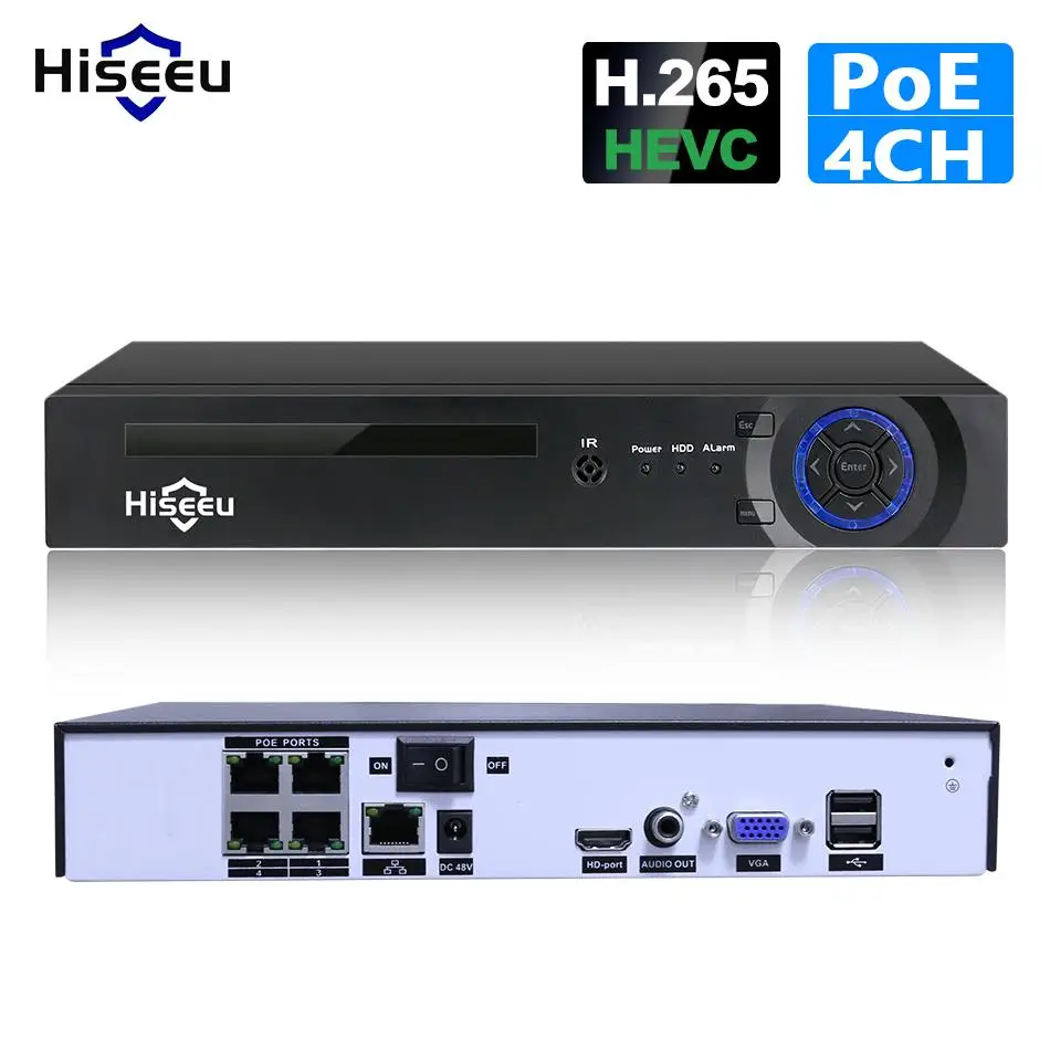 Hiseeu охранное наблюдение H.265 4CH/8CH POE NVR для HD 1080P 4MP 5MP IP камера AI распознавание лица