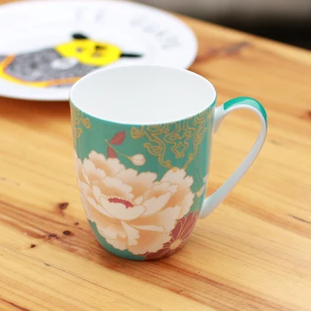 

12 OZ 350ml Creative Green/Pink Peony Draw Creamic Mugs Milk Cups Coffee Mug Tea Cup for Lady Wedding Gifts DEC058