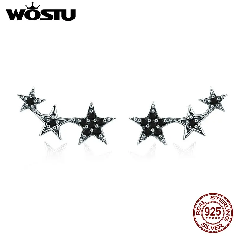 

WOSTU Real 925 Sterling Silver Stackable Star Black CZ Stud Earrings For Women Fashion Silver Jewelry Bijoux Gift FIE292