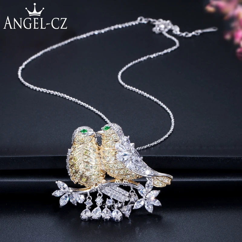

ANGELCZ White Green CZ Stone Pave Setting Silver Golden Big Bird Pendant Necklace for Women Adjustable Long Sweater Chain AN015
