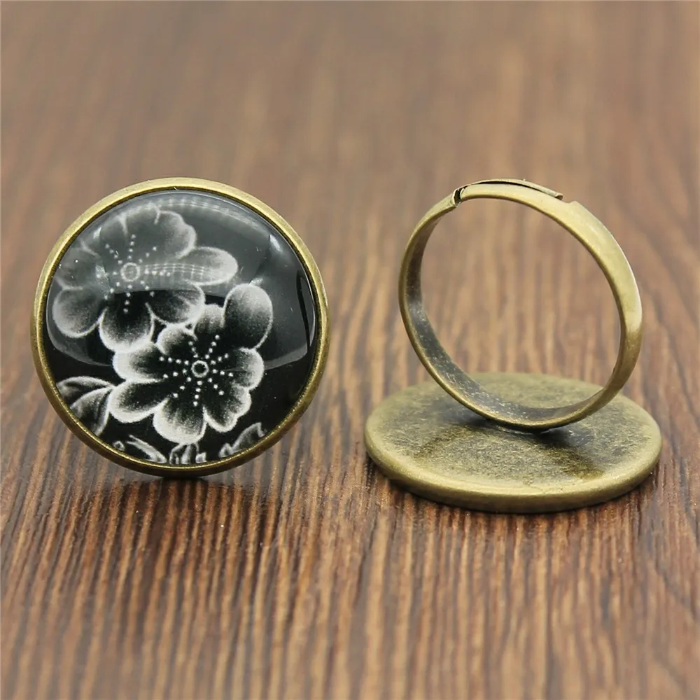 Регулируемые кольца черный и белый цветок 20 мм круглый стеклянный кабошон кольца ручной работы для женская обувь 2 цветов Винтаж ювелирные