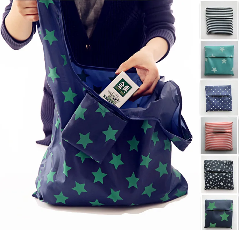 

2018 New Fashion printing foldable green shopping bag Tote Folding pouch handbags Convenient Large-capacity storage bags