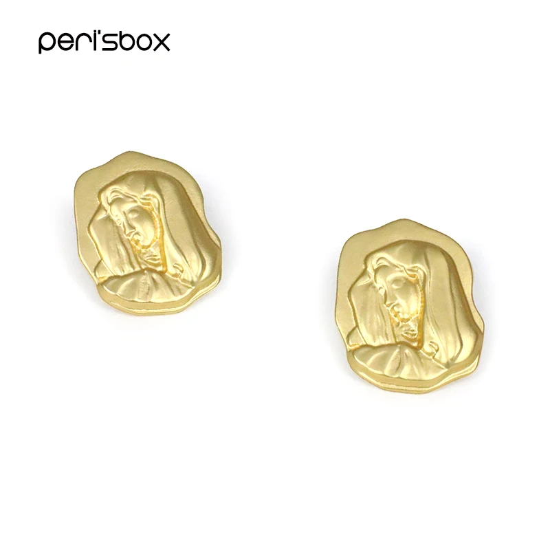 

Peri'sBox Gold Color Metal Virgin Mary Stud Earrings for Women Religious Portrait Earrings Studs Geometric Disc Post Earrings