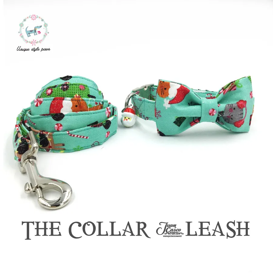 

The Green Merry Christams Dog collar and Leash Set with Bow Tie Cotton Dog & Cat Necklace for Pet Christmas Gift