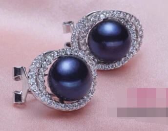 

wb002 charming a pair 10-11mm AAA black blue pearl stud earrings