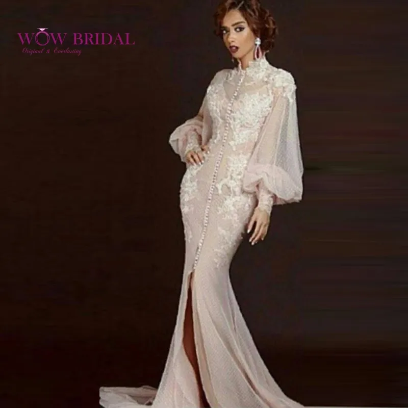 Wowbridal великолепный розовый вечернее платье высокая шея паффи полный рукав кружева вышитые кнопку назад шифона сплит русалка платье