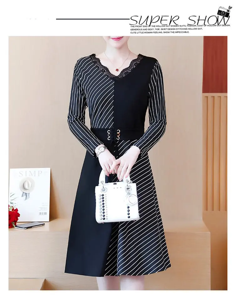 2019 Korean Fashion Women Dress Autumn Large Size Dresses Striped Patchwork Dress Ladies Lace V-Neck Long Sleeve Vestidos Robe Femme (1)