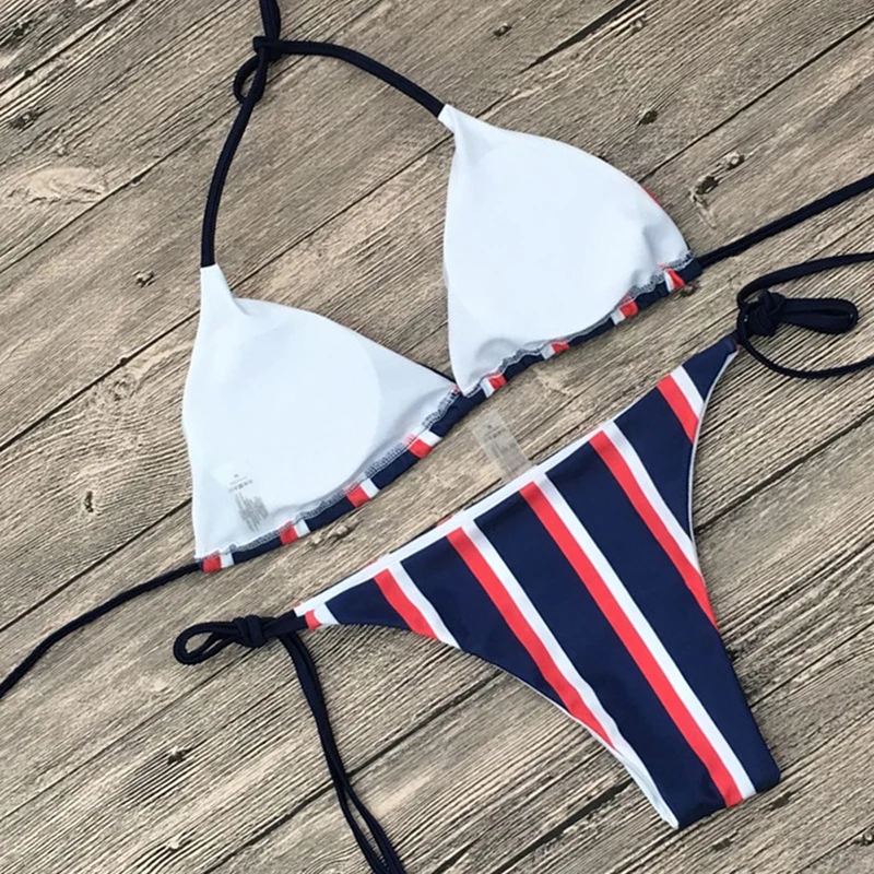 OM 2018 Women Bikini Bandage Striped Swimwear Lace Push Up Tied String Sexy Bikinis Set Women Swimsuit Monokini Bathing Suit 11